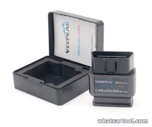 Veepeak OBDCheck BLE+ OBD2 scanner next to its carrying case