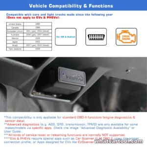 Veepeak OBDCheck BLE+ vehicle compatibility by model year and supported functions, plugged into a car OBD2 port