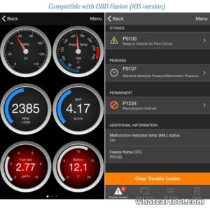 Veepeak OBDCheck VP01 with the OBD Fusion app on iPhone: gauges and stored, pending and permanent fault codes