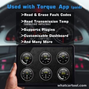 Veepeak OBDCheck VP01 with the Torque app customizable gauge dashboard on a tablet