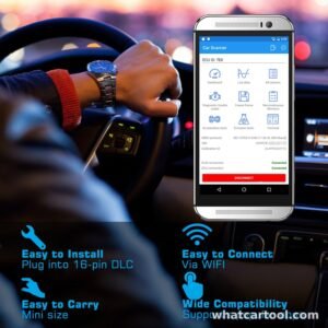 Veepeak OBDCheck VP01 connected over Wi-Fi to a phone running the Car Scanner app while driving