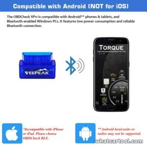 Veepeak OBDCheck VP11 works with Android and the Torque app, not compatible with iPhone or iPad