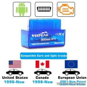 Veepeak OBDCheck VP11 compatible cars and light trucks: United States 1996+, Canada 1998+, European Union 2001+ petrol and 2004+ diesel