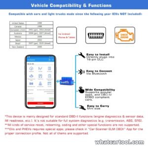 Veepeak OBDCheck VP11 vehicle compatibility by model year and features: easy install, Bluetooth connection, mini size