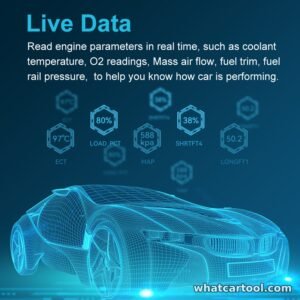 Veepeak VP59 live data: coolant temperature, O2 readings, mass air flow, fuel trim and fuel rail pressure