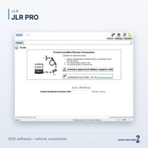 JLR SDD software screen showing communication device connection and VIN read