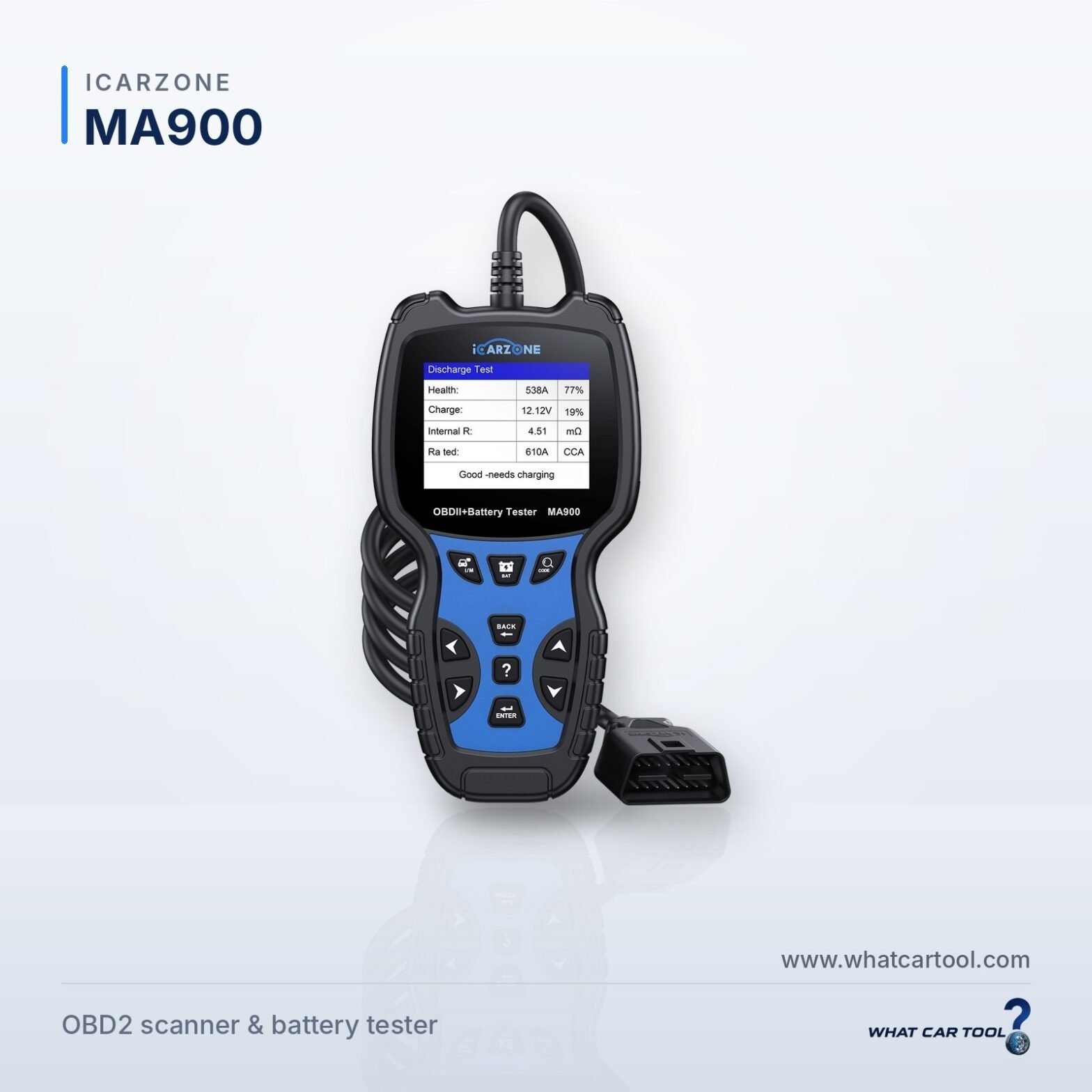 ICarzone MA900 obd2 scanner battery tester studio product shot
